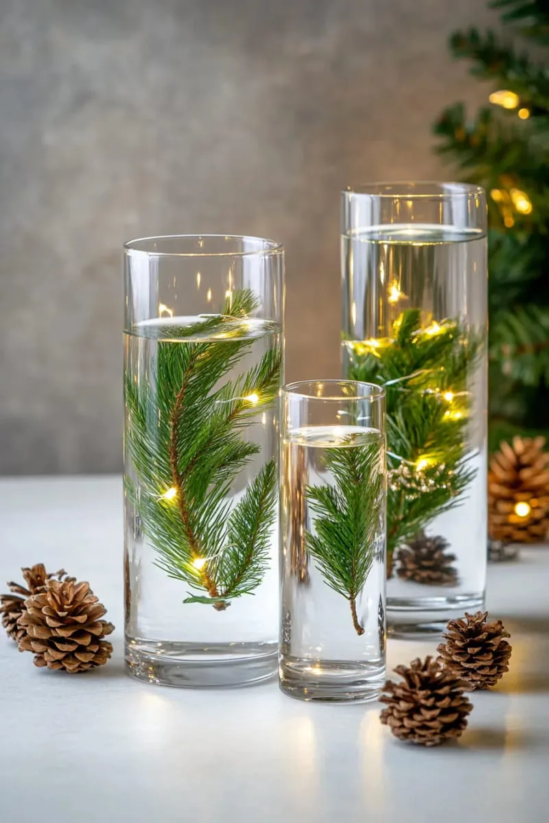 tall cylinder vases with submerged pine branches and battery lights 1