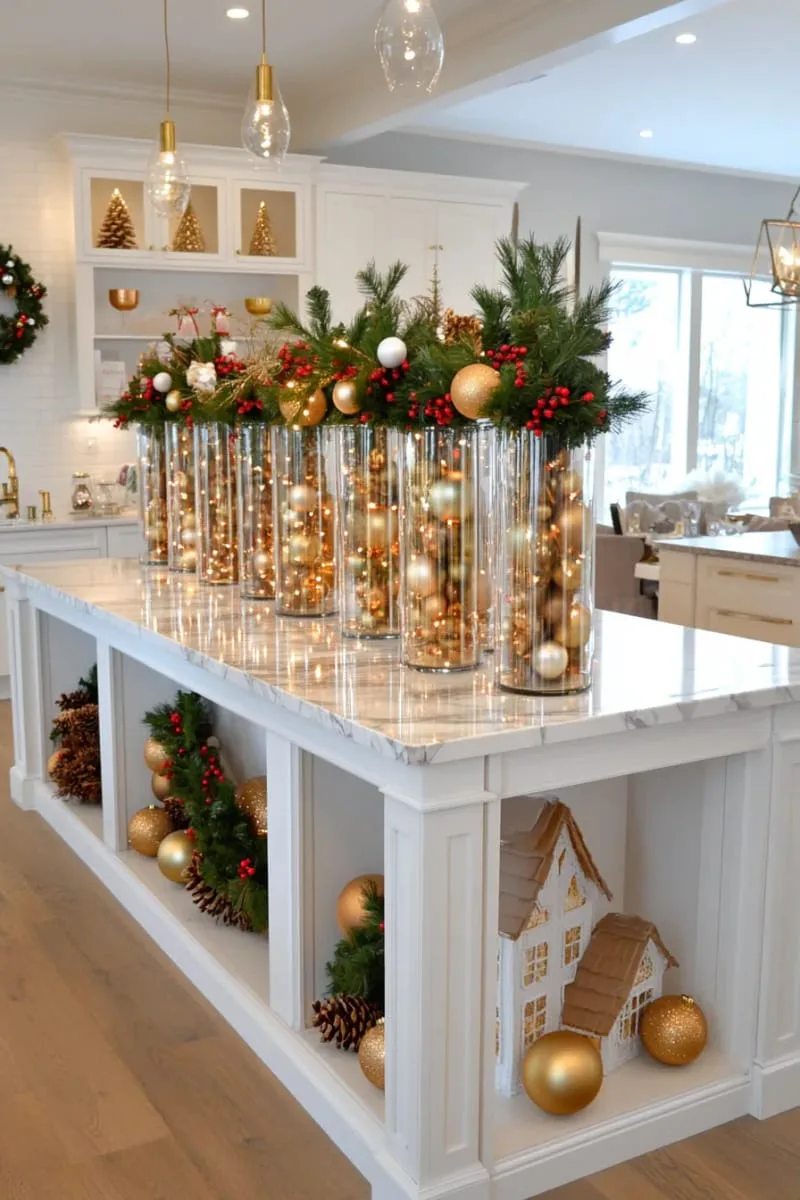 tall glass vases filled with gold ornaments and fairy lights 1