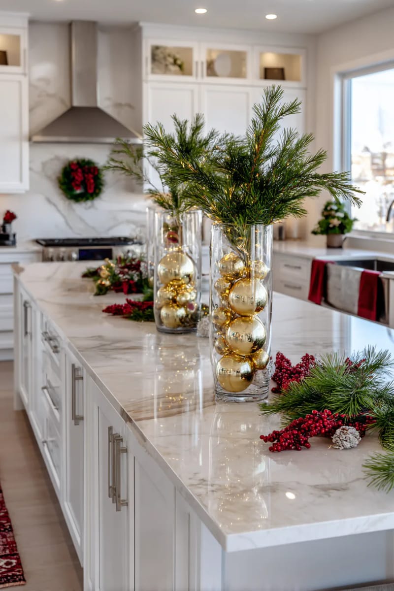 23 Christmas Kitchen Island Decor Ideas That Bring Instant Holiday Charm 35 tall glass vases filled with gold ornaments and fairy lights 1