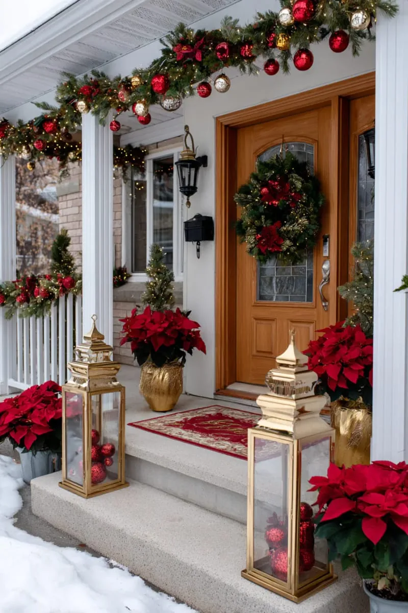 tall gold lanterns filled with red baubles and twinkling mini lights by the door 1