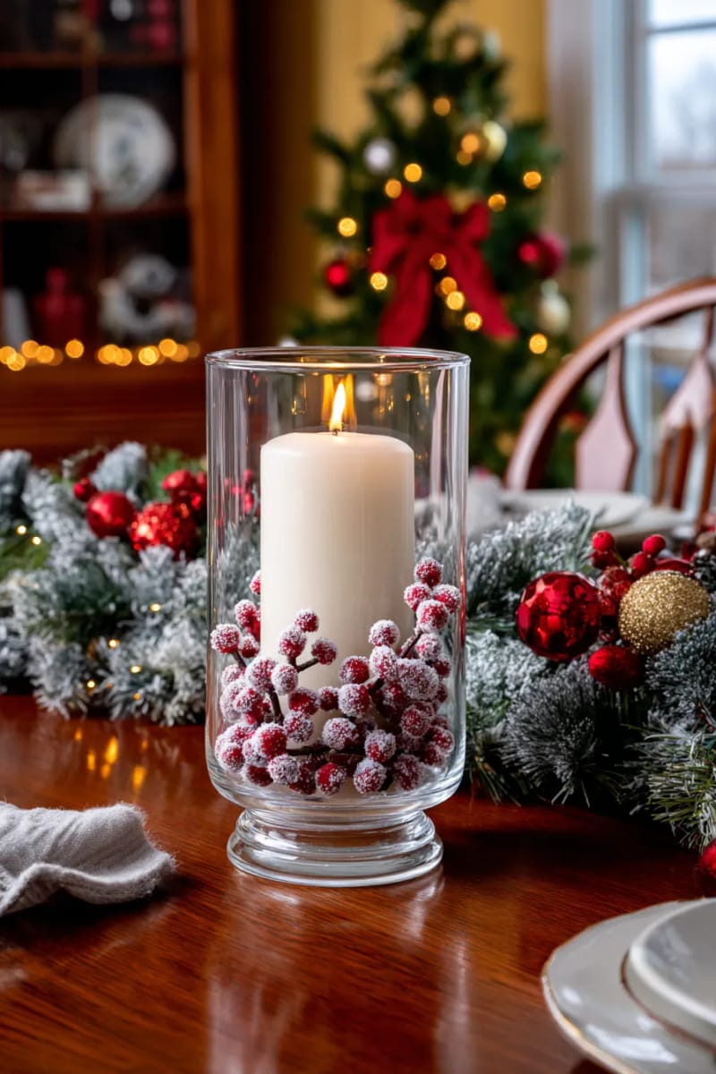 23 Christmas Table Centerpiece Ideas for a Magical Holiday Setting 41 tall hurricane glass with pillar candle and frosted faux berries 1