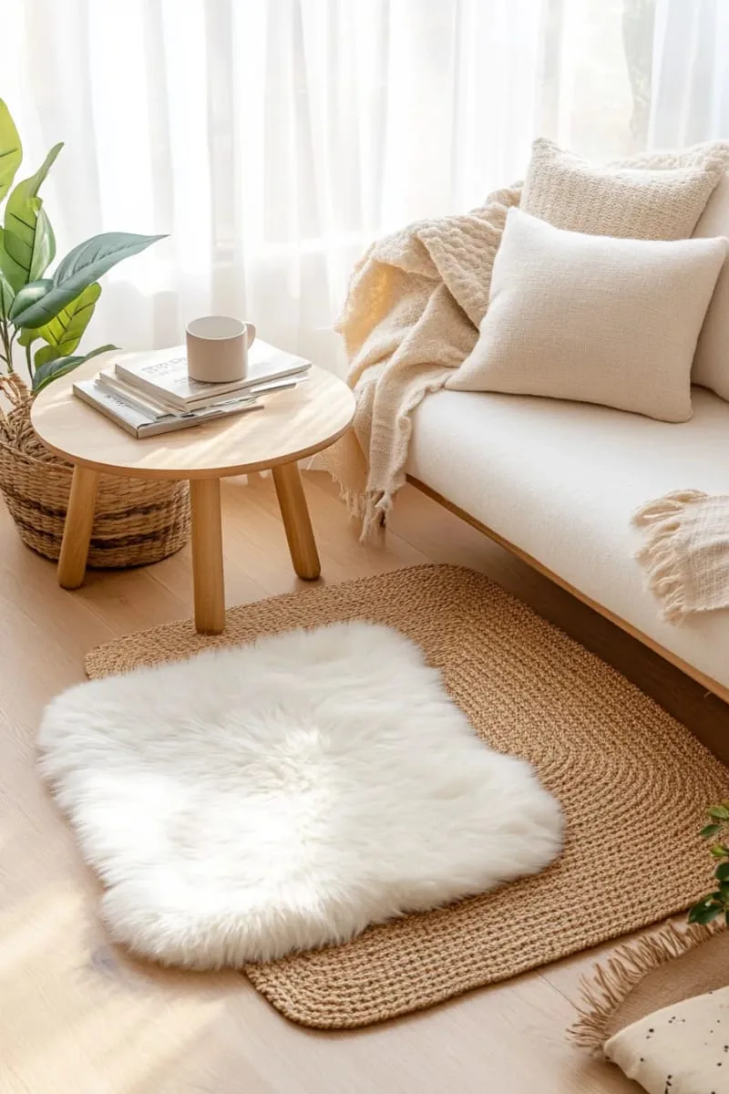 textured jute rug layered with faux sheepskin for warmth 1