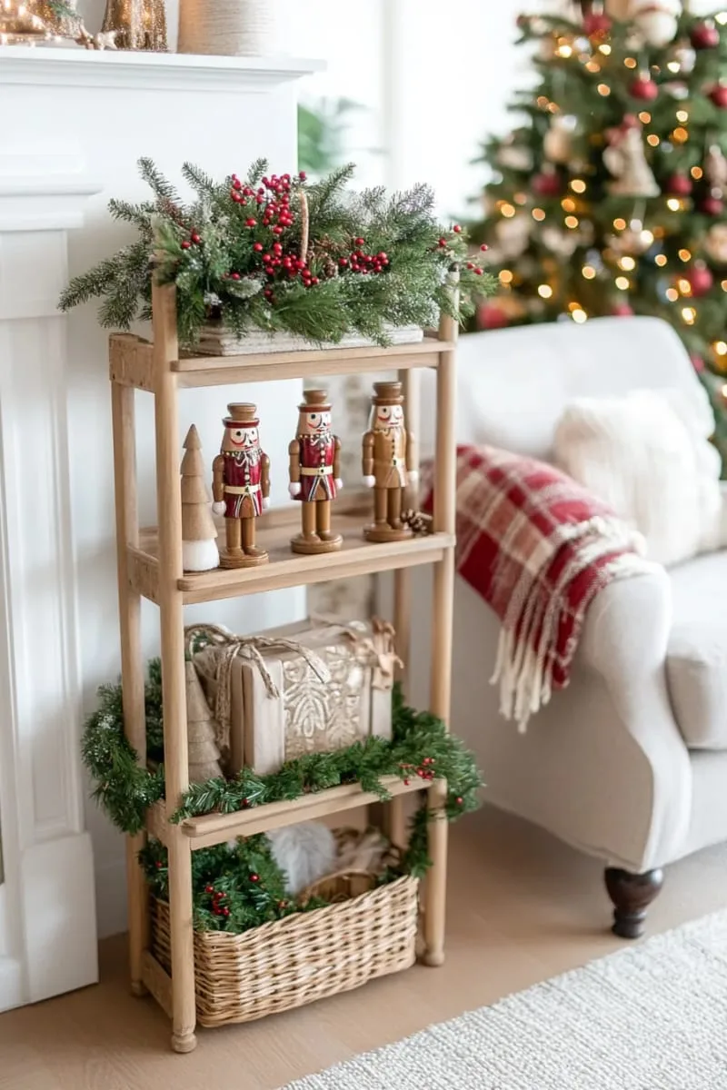 three-tiered shelf showcasing nutcrackers, mini wreaths, and velvet ribbon 1