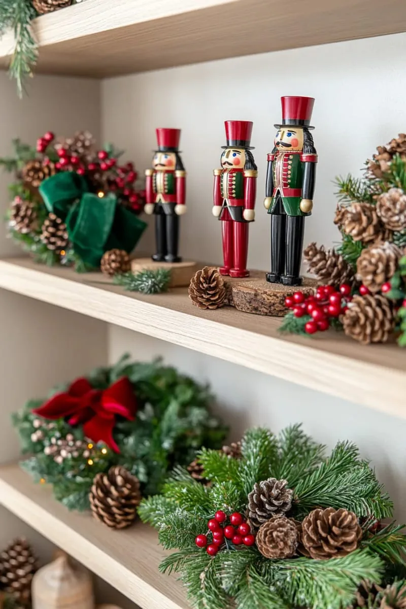 three-tiered shelf showcasing nutcrackers, mini wreaths, and velvet ribbon 1