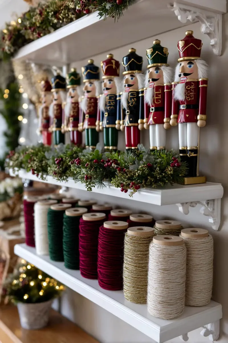 three-tiered shelf showcasing nutcrackers, mini wreaths, and velvet ribbon 1