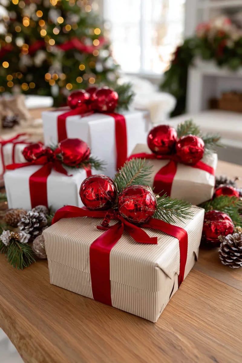 tie classic red ornaments onto gift packages for extra festive flair. 1