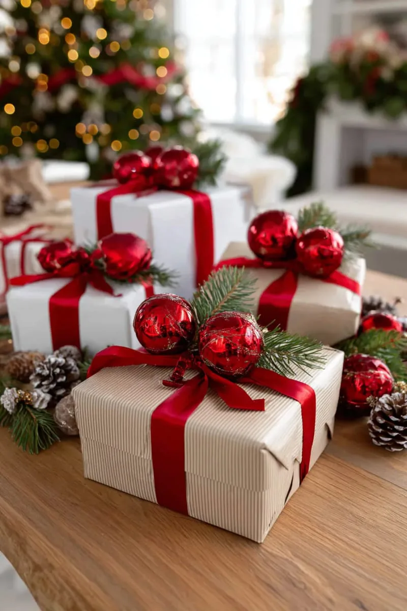 tie classic red ornaments onto gift packages for extra festive flair. 1