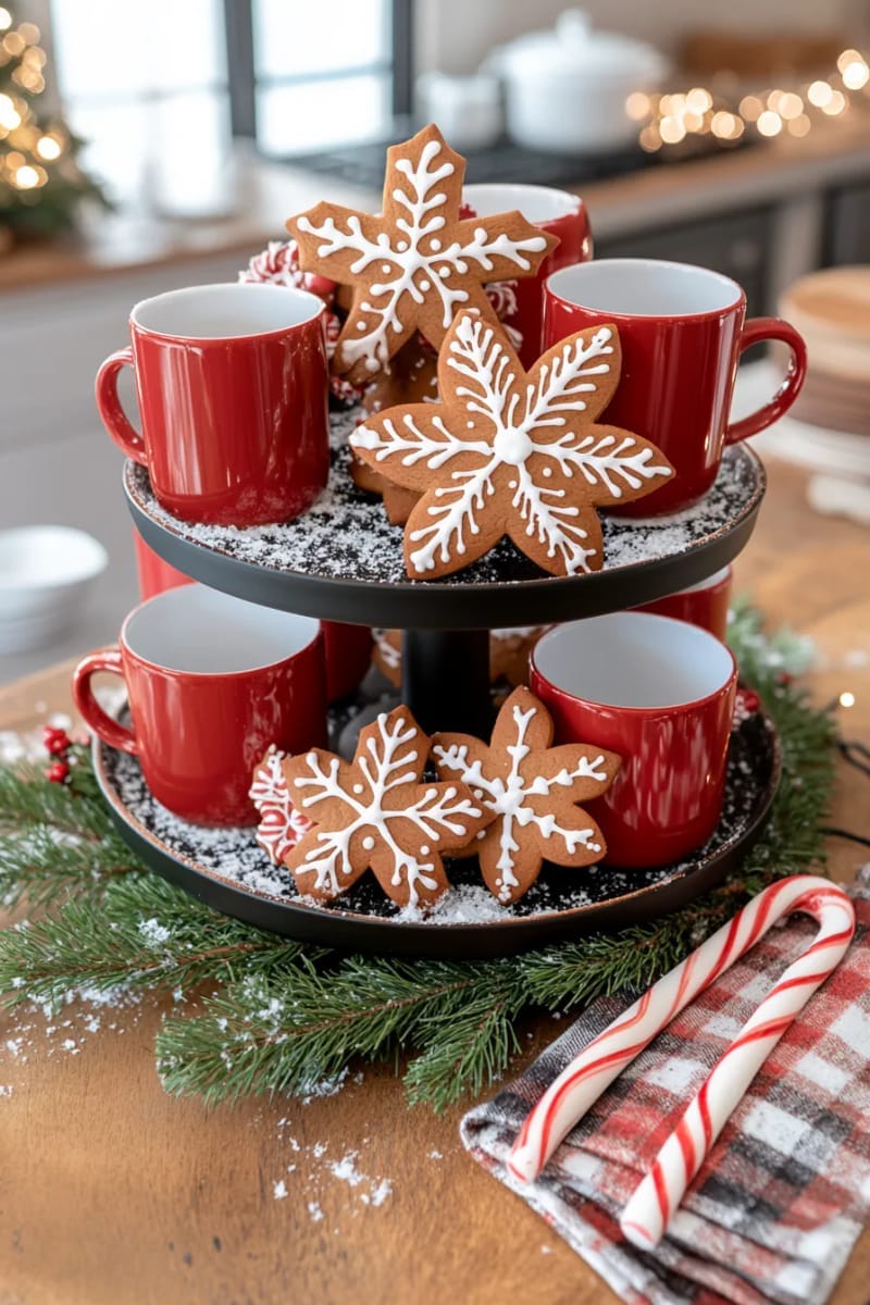 23 Christmas Countertop Decor Ideas Guests Can’t Stop Talking About 6 tiered tray stacked with red mugs, gingerbread cookies, and candy canes 1