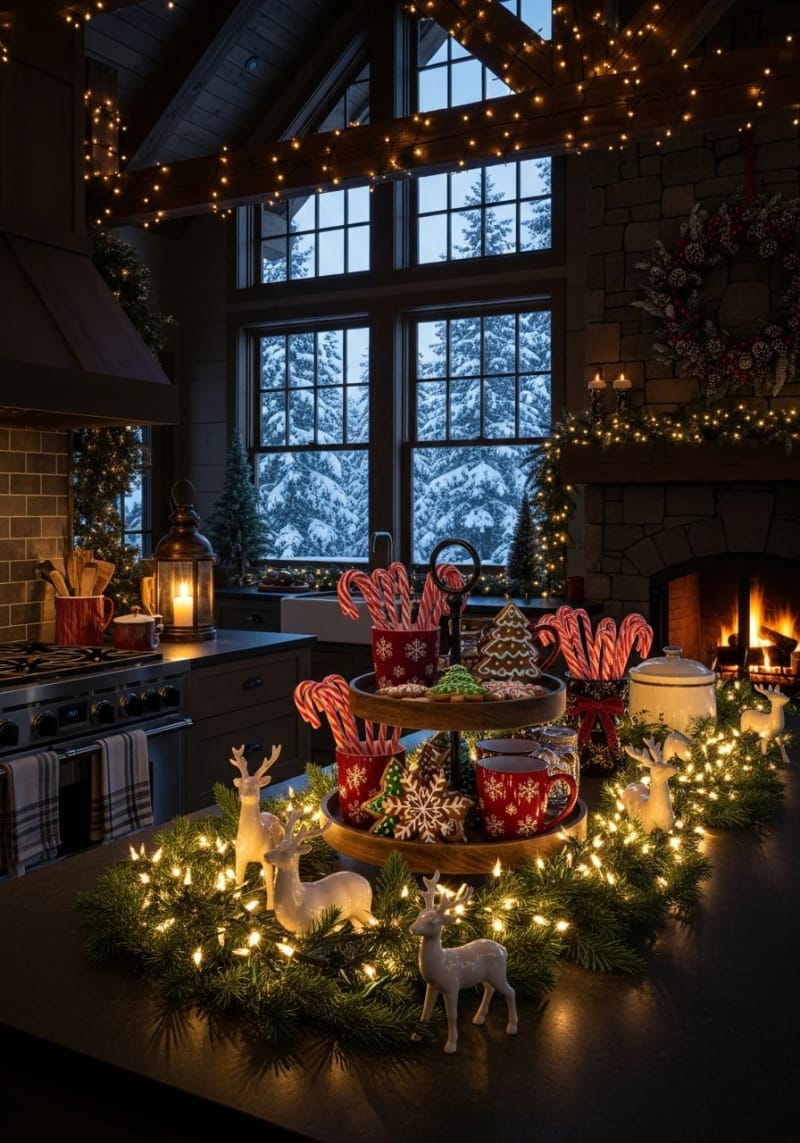 23 Christmas Countertop Decor Ideas Guests Can’t Stop Talking About 7 tiered tray stacked with red mugs, gingerbread cookies, and candy canes 1