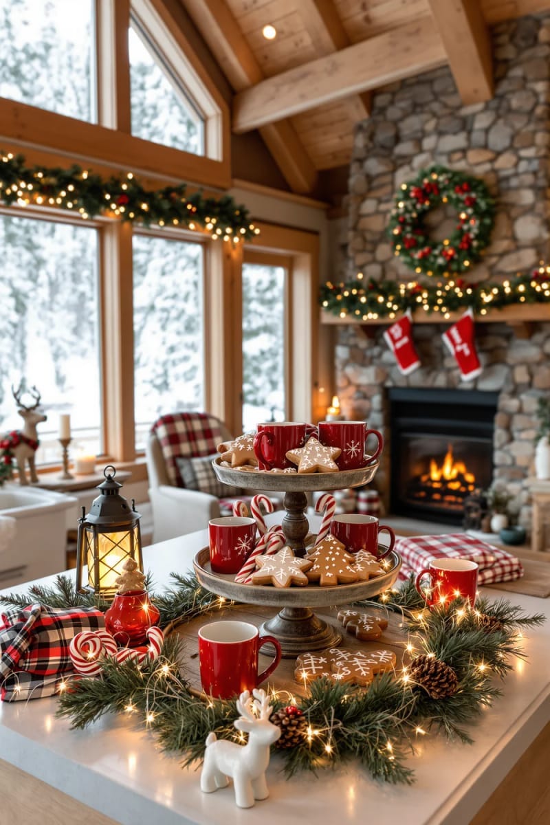 23 Christmas Countertop Decor Ideas Guests Can’t Stop Talking About 8 tiered tray stacked with red mugs, gingerbread cookies, and candy canes 1