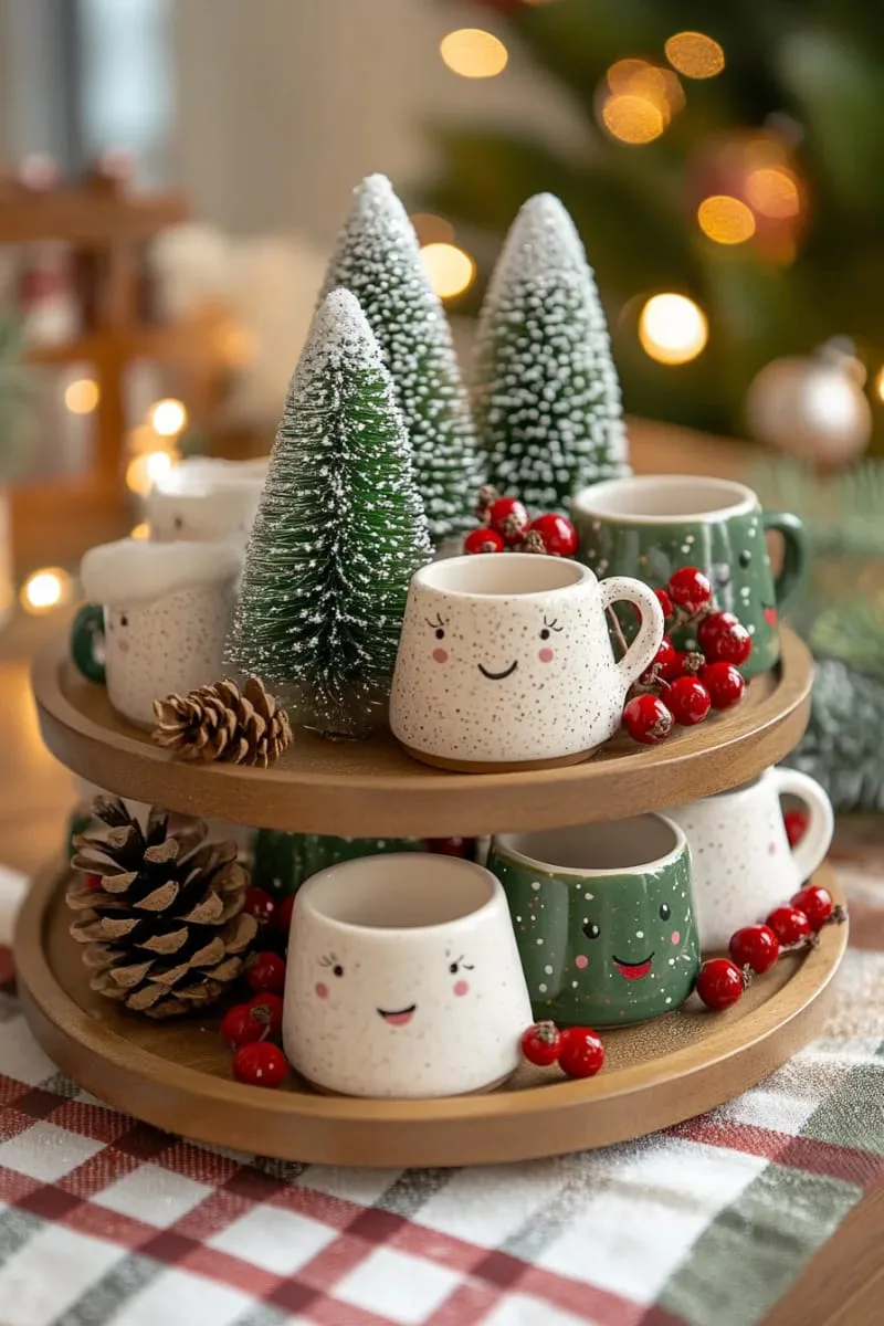 29 Creative Christmas Kitchen Decor Ideas You'll Absolutely Love 21 tiered tray with mini christmas trees and marshmallow mugs 1