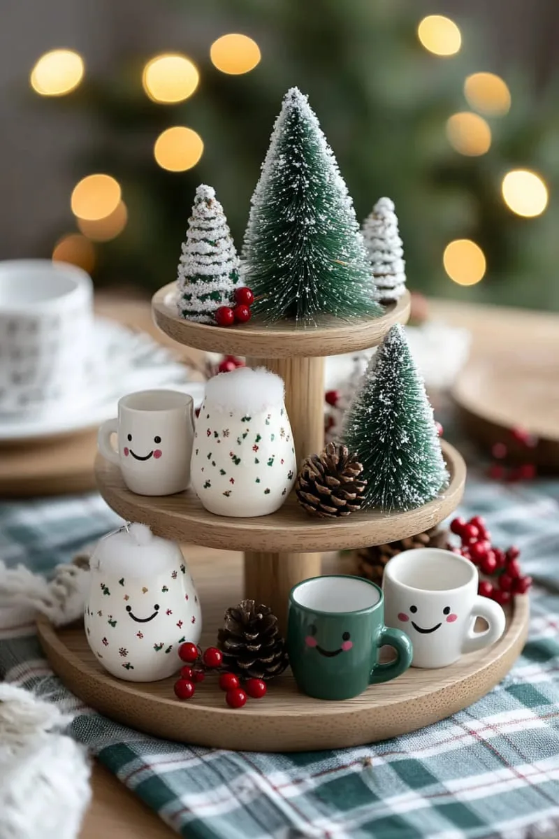 29 Creative Christmas Kitchen Decor Ideas You'll Absolutely Love 22 tiered tray with mini christmas trees and marshmallow mugs 1