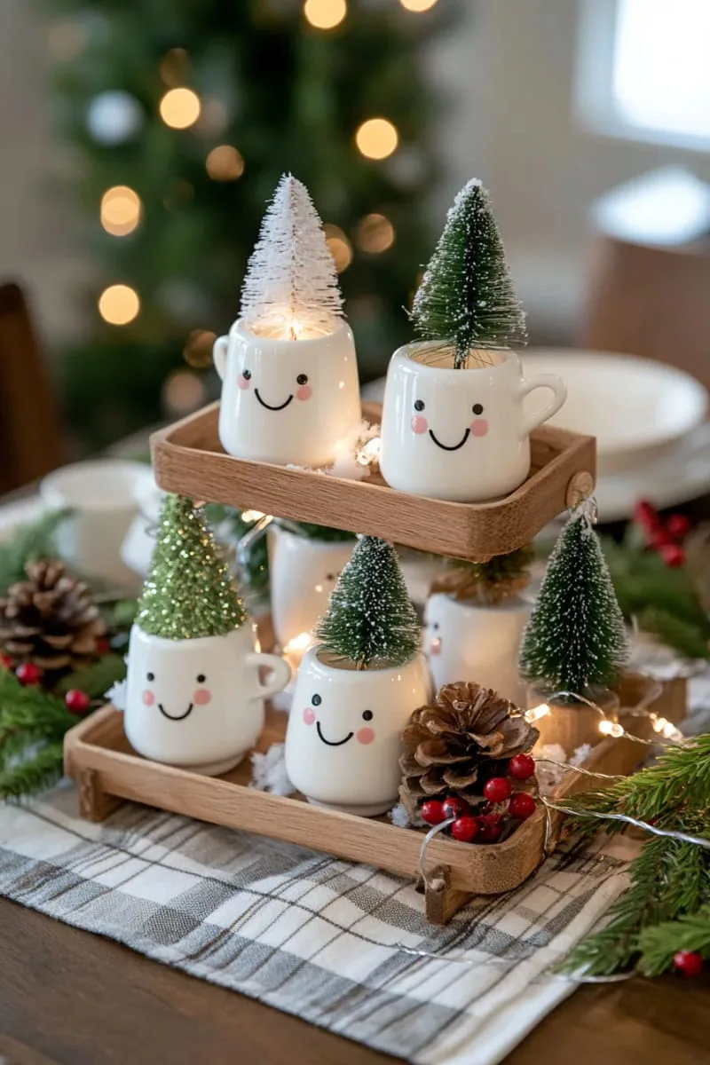 29 Creative Christmas Kitchen Decor Ideas You'll Absolutely Love 23 tiered tray with mini christmas trees and marshmallow mugs 1