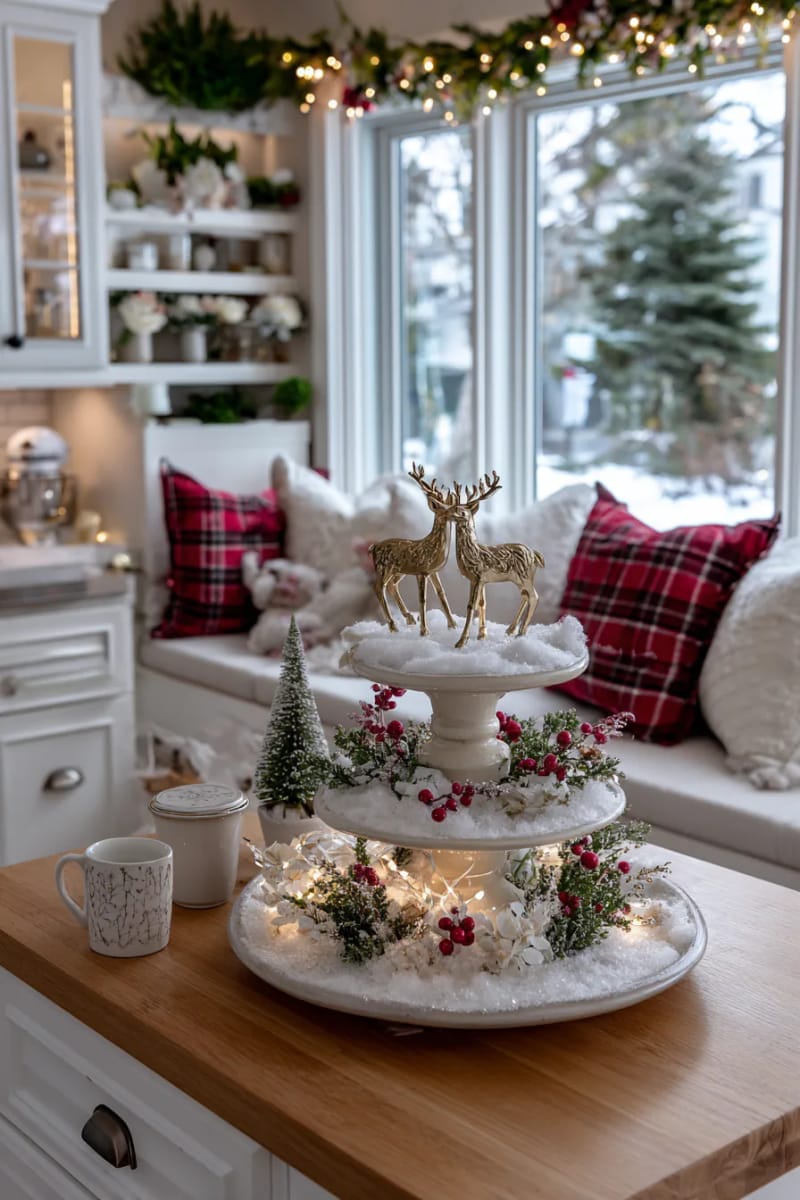 tiered tray with mini reindeer, faux snow, and twinkle lights for kitchen 1