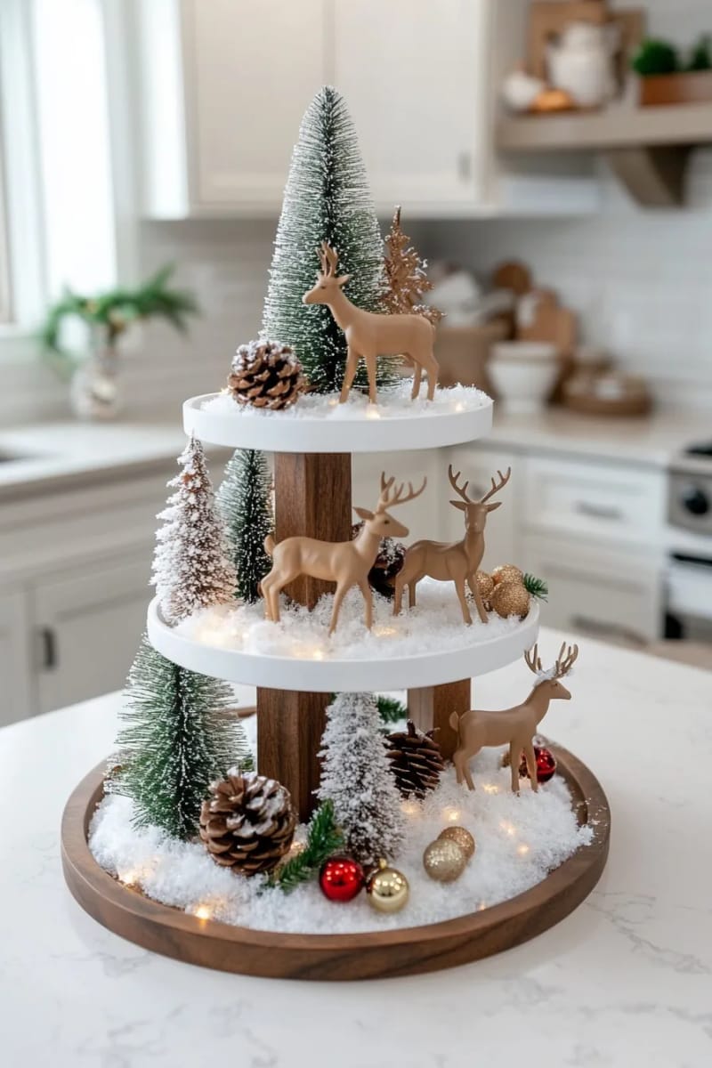 tiered tray with mini reindeer, faux snow, and twinkle lights for kitchen 1