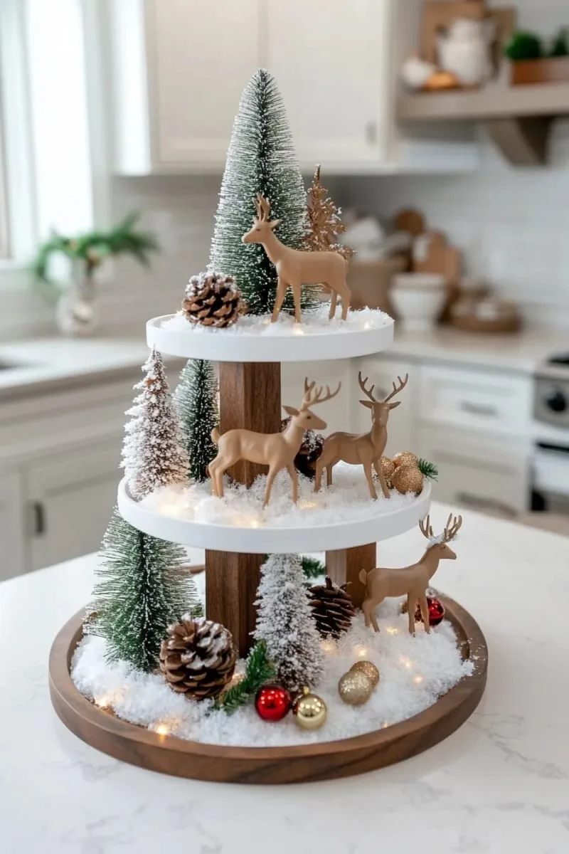 tiered tray with mini reindeer, faux snow, and twinkle lights for kitchen 1