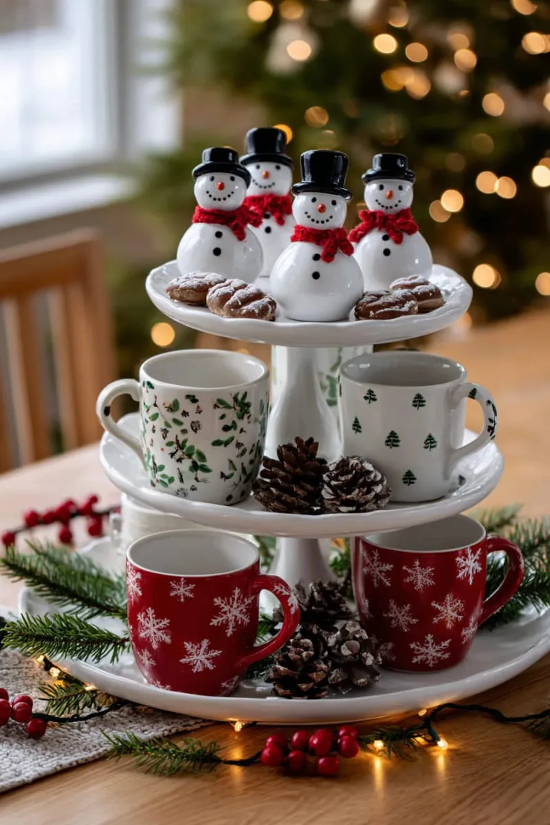 29 Best Christmas Decorations Trends You Can't Miss This Year 135 tiered tray with tiny snowmen, pinecones, and festive mugs 1