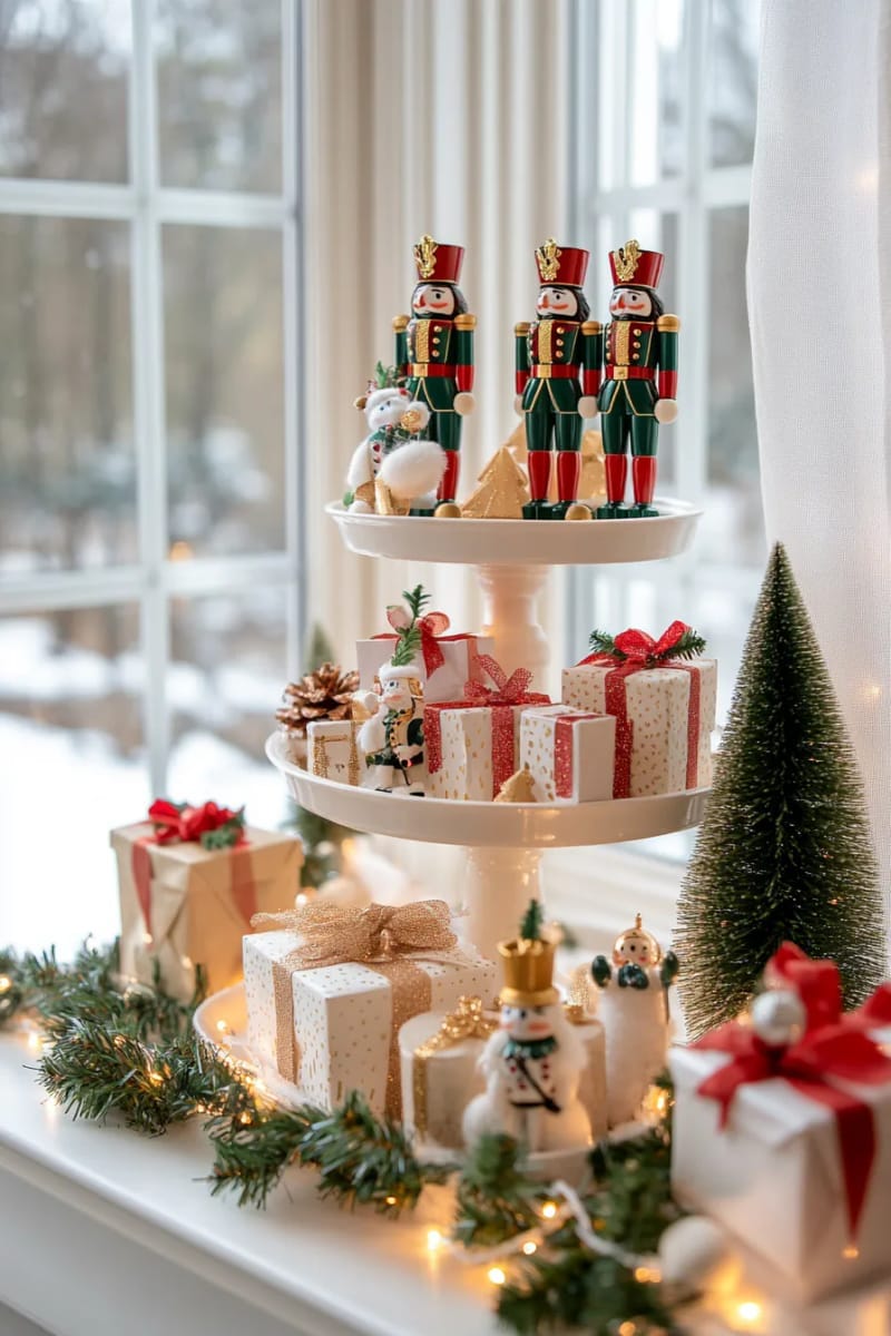 25 Best Christmas Window Decor Ideas to Try This Year 52 tiered trays with bottlebrush trees, nutcrackers, and tiny gifts in the window. 1