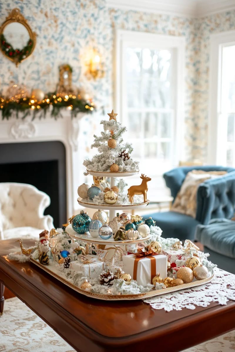27 Vintage Christmas Decorations You'll Love 28 tiered trays with mini presents, toy reindeer, and vintage glass ornaments 1