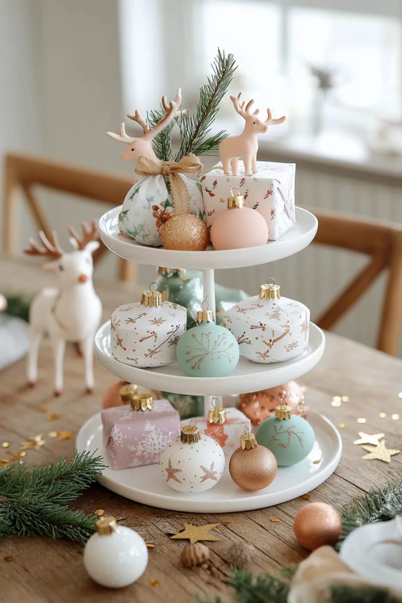 27 Vintage Christmas Decorations You'll Love 29 tiered trays with mini presents, toy reindeer, and vintage glass ornaments 1