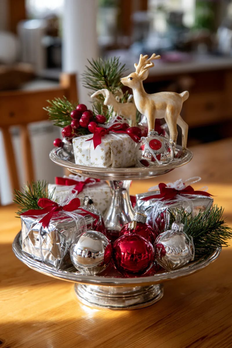 27 Vintage Christmas Decorations You'll Love 30 tiered trays with mini presents, toy reindeer, and vintage glass ornaments 1