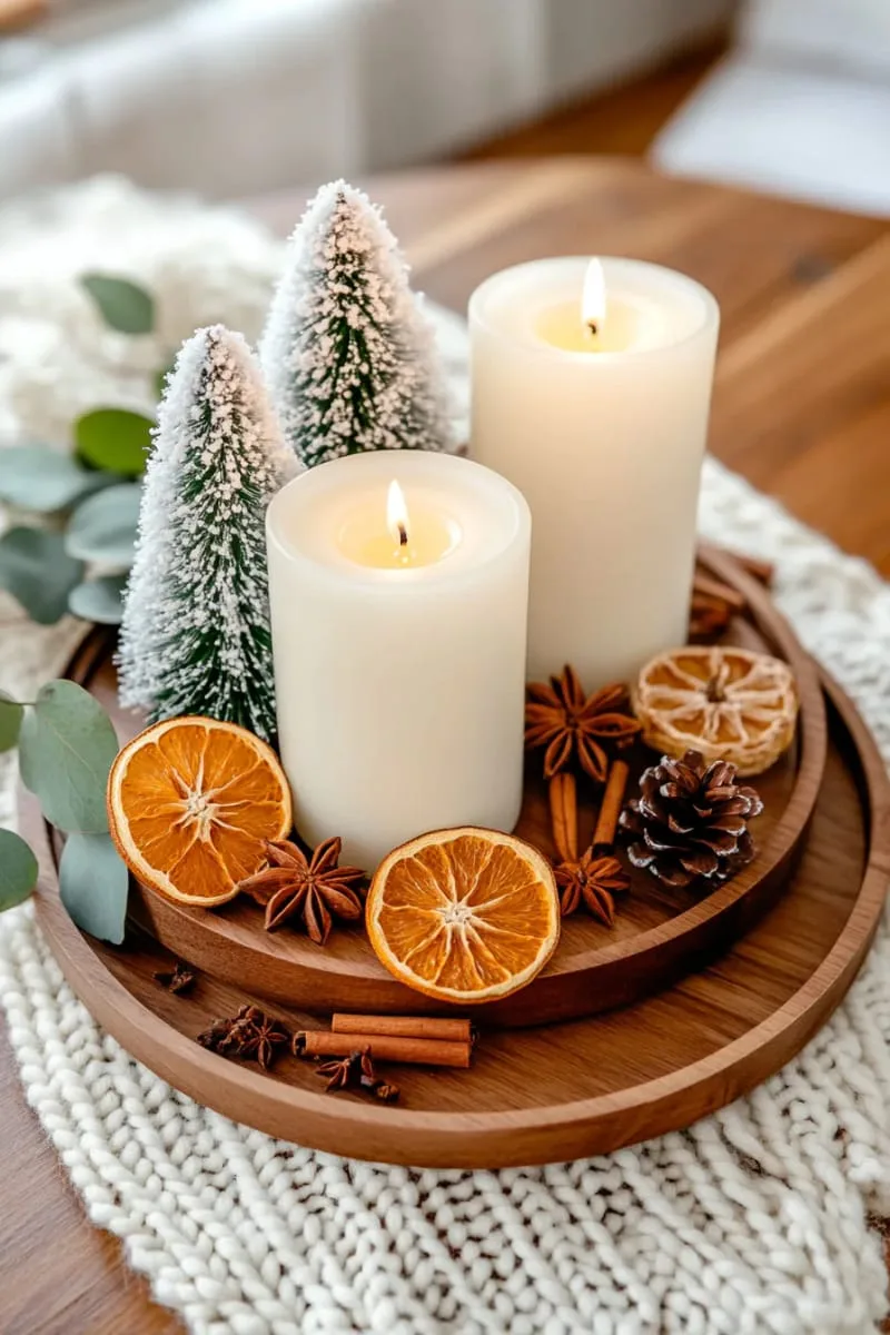tiered wooden trays with candles, bottlebrush trees, and dried oranges 1