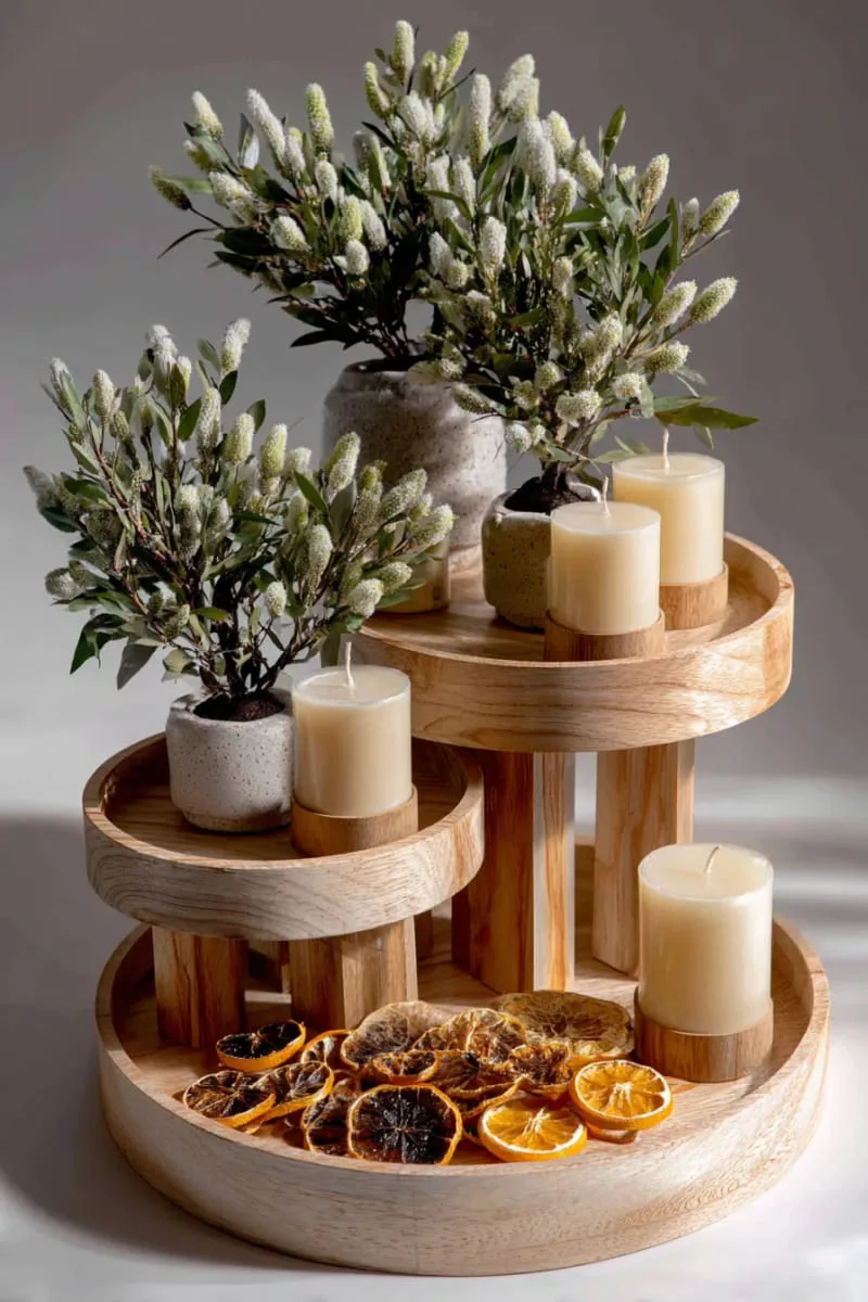 tiered wooden trays with candles, bottlebrush trees, and dried oranges 1