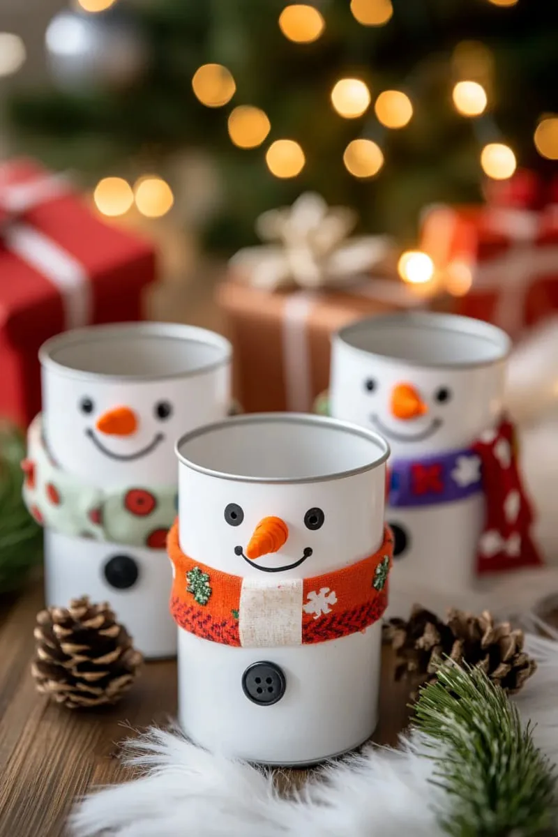 25 Upcycled Christmas Crafts DIY: Unique & Budget Friendly Decor Ideas 56 tin can snowman family centerpiece with painted carrot noses 1