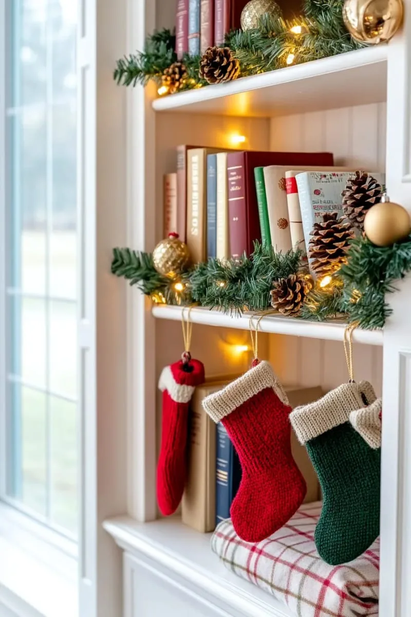 tiny bookshelf adorned with mini stockings and garland 1