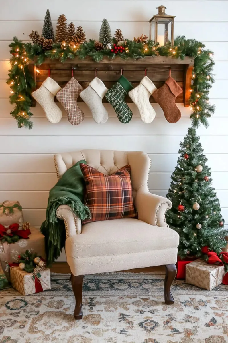 tiny felt stockings hung from a reclaimed wood shelf 1