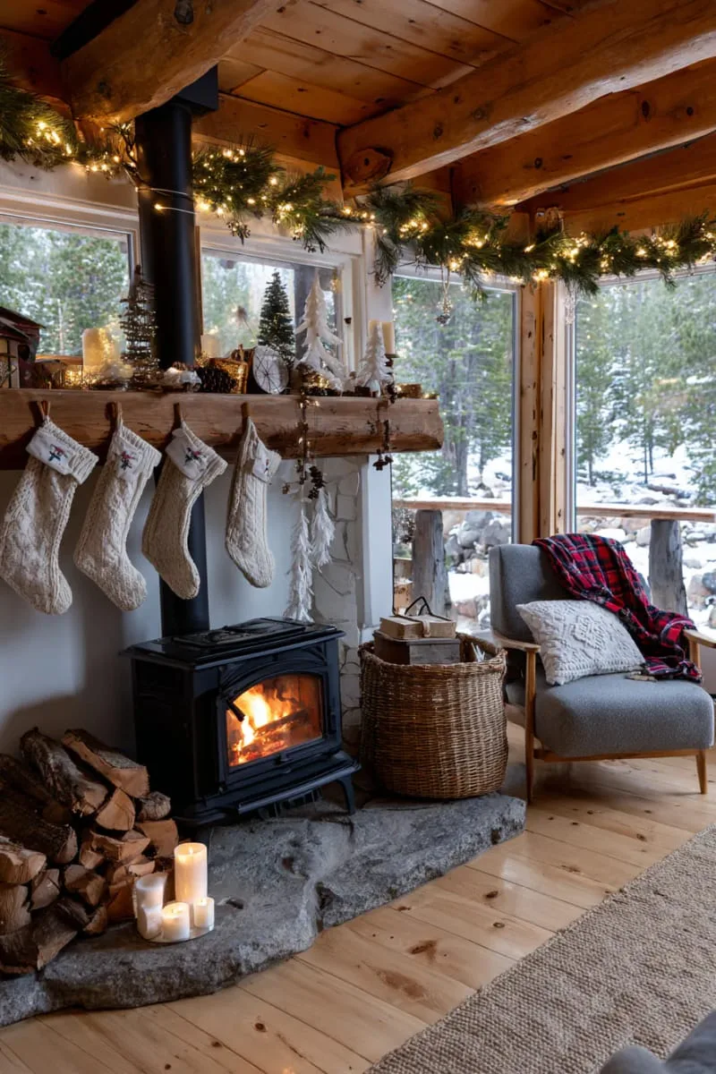 tiny felt stockings hung from a reclaimed wood shelf 1