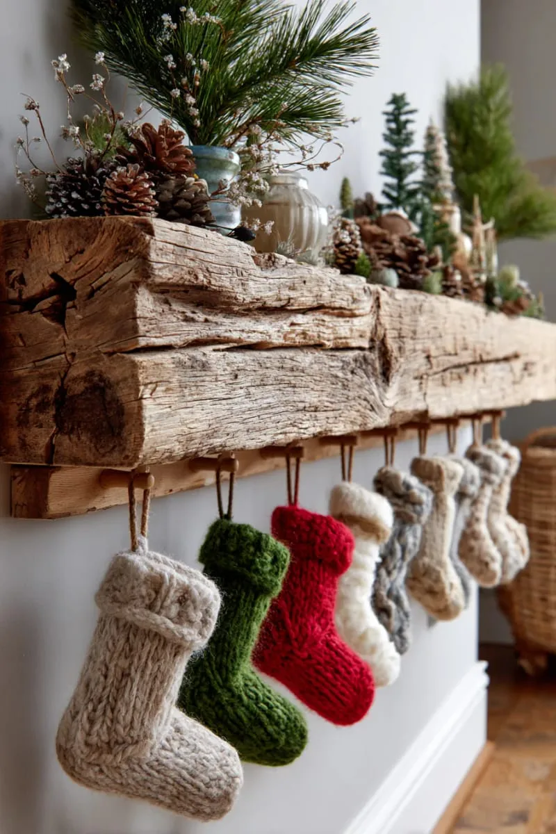 tiny felt stockings hung from a reclaimed wood shelf 1