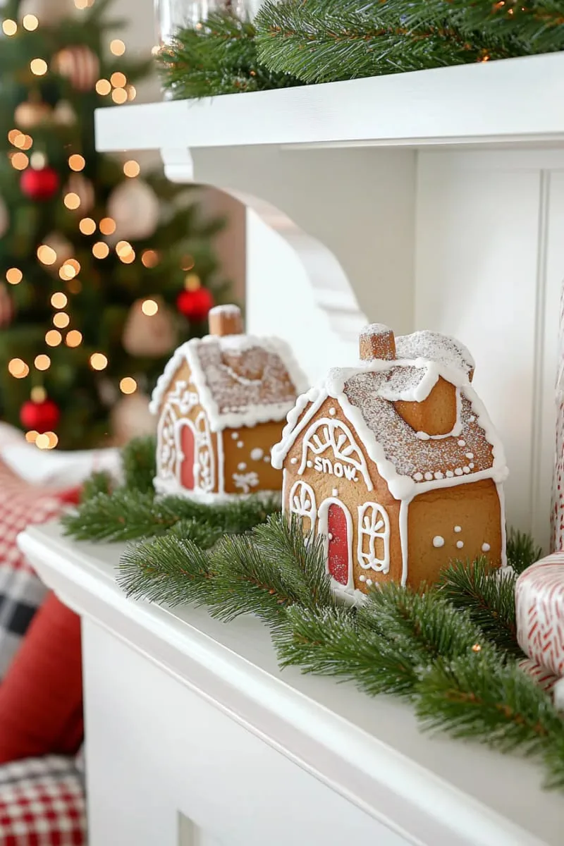 tiny gingerbread houses nestled among pine branches and twinkle lights 1