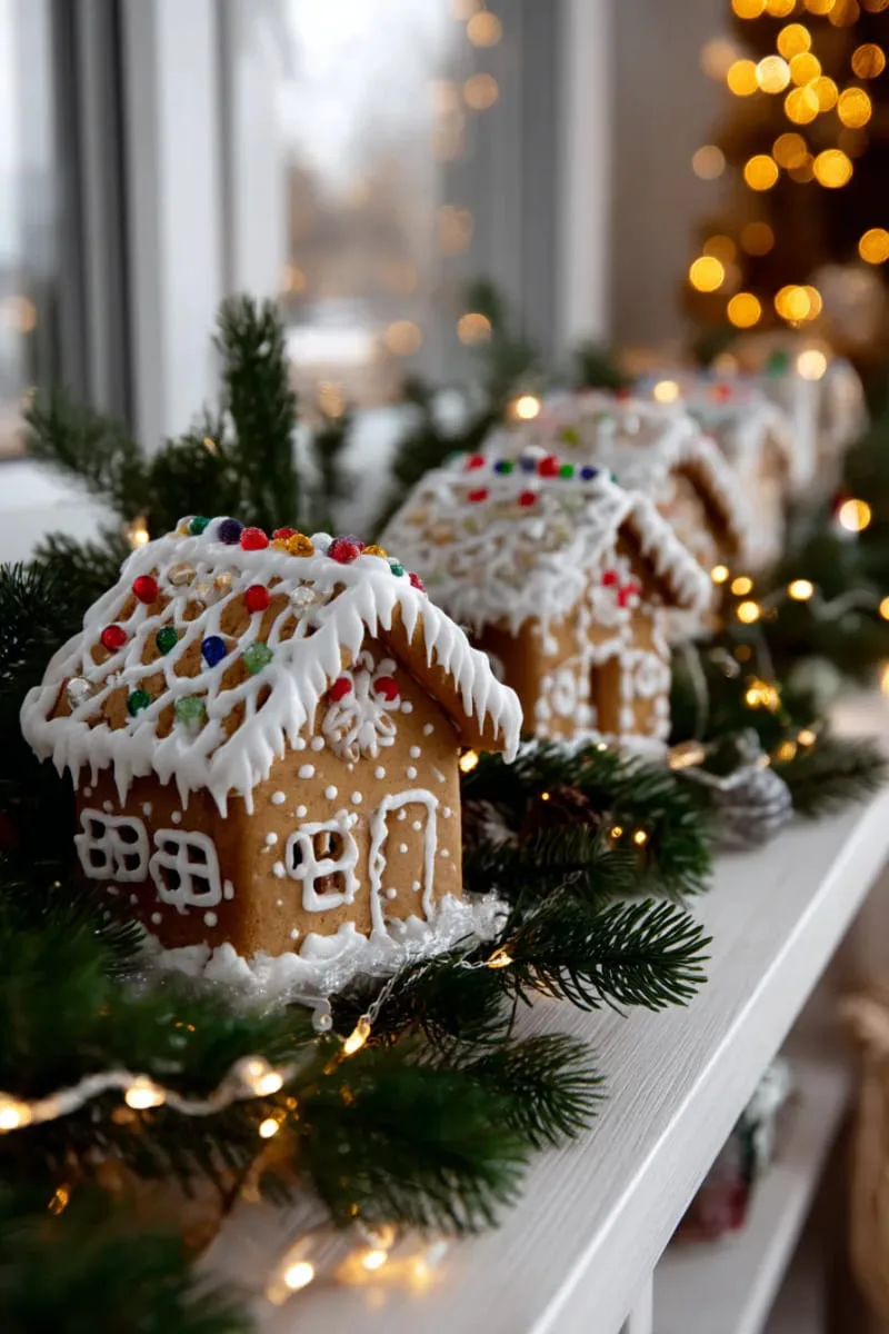 tiny gingerbread houses nestled among pine branches and twinkle lights 1