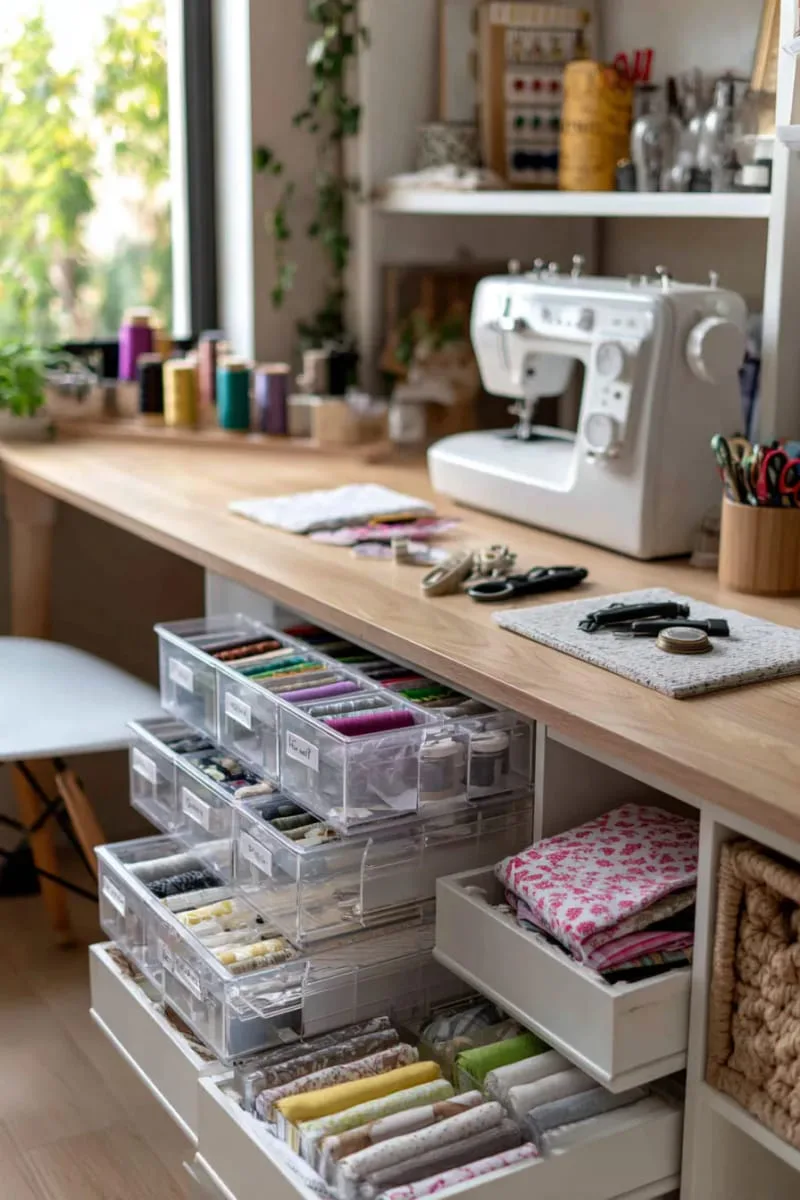 15 Sewing Room Organization Ideas to Declutter and Inspire Creativity 51 tiny labeled drawers for zippers, snaps, and elastic—perfect for small spaces 1
