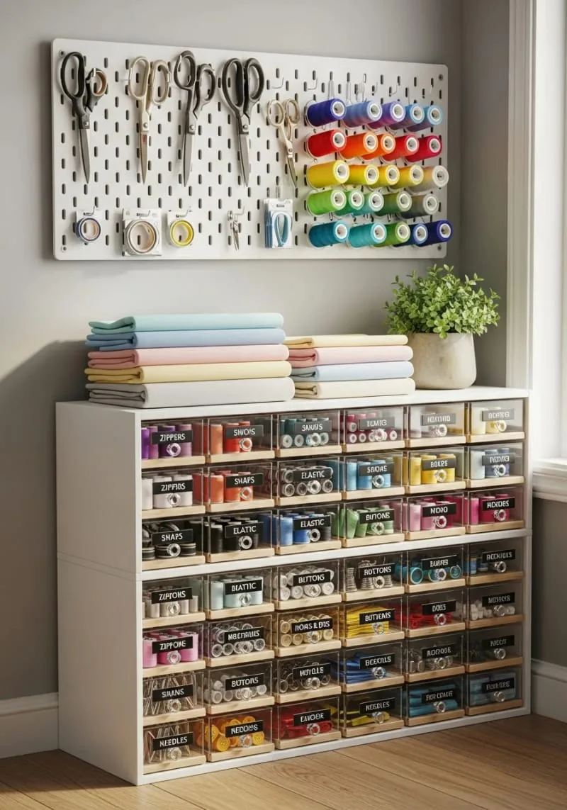 15 Sewing Room Organization Ideas to Declutter and Inspire Creativity 52 tiny labeled drawers for zippers, snaps, and elastic—perfect for small spaces 1