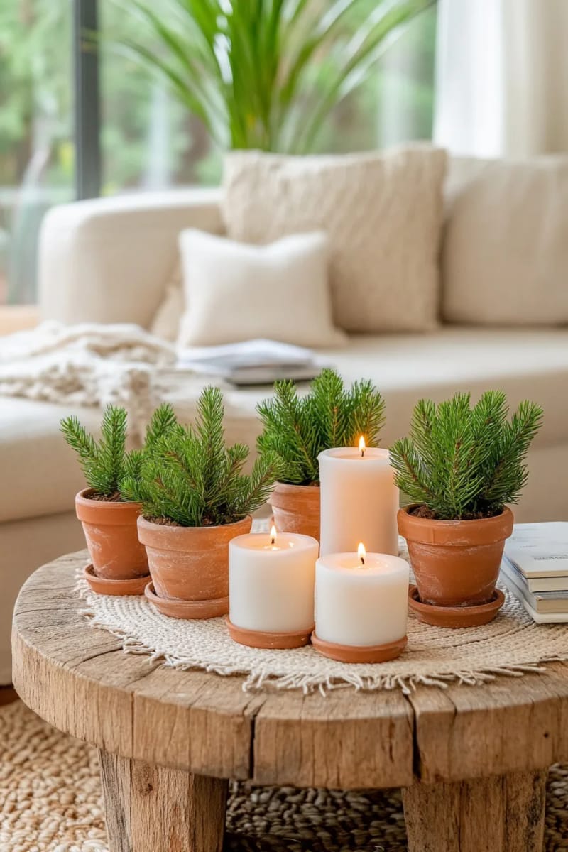 tiny potted pine trees on the coffee table surrounded by candles 1