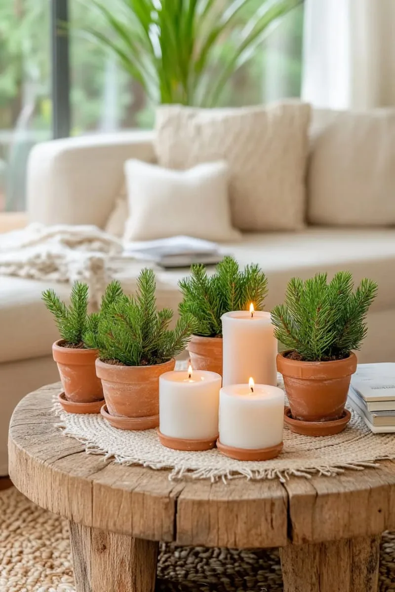tiny potted pine trees on the coffee table surrounded by candles 1