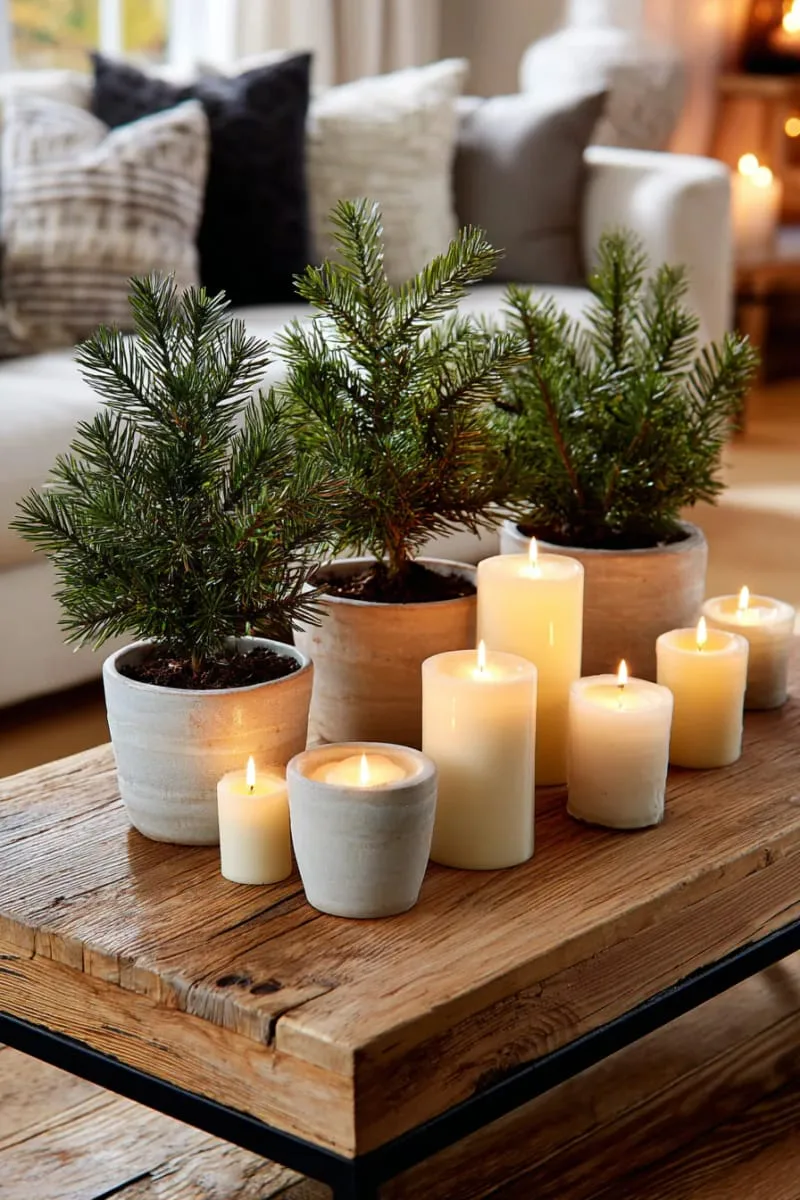 tiny potted pine trees on the coffee table surrounded by candles 1