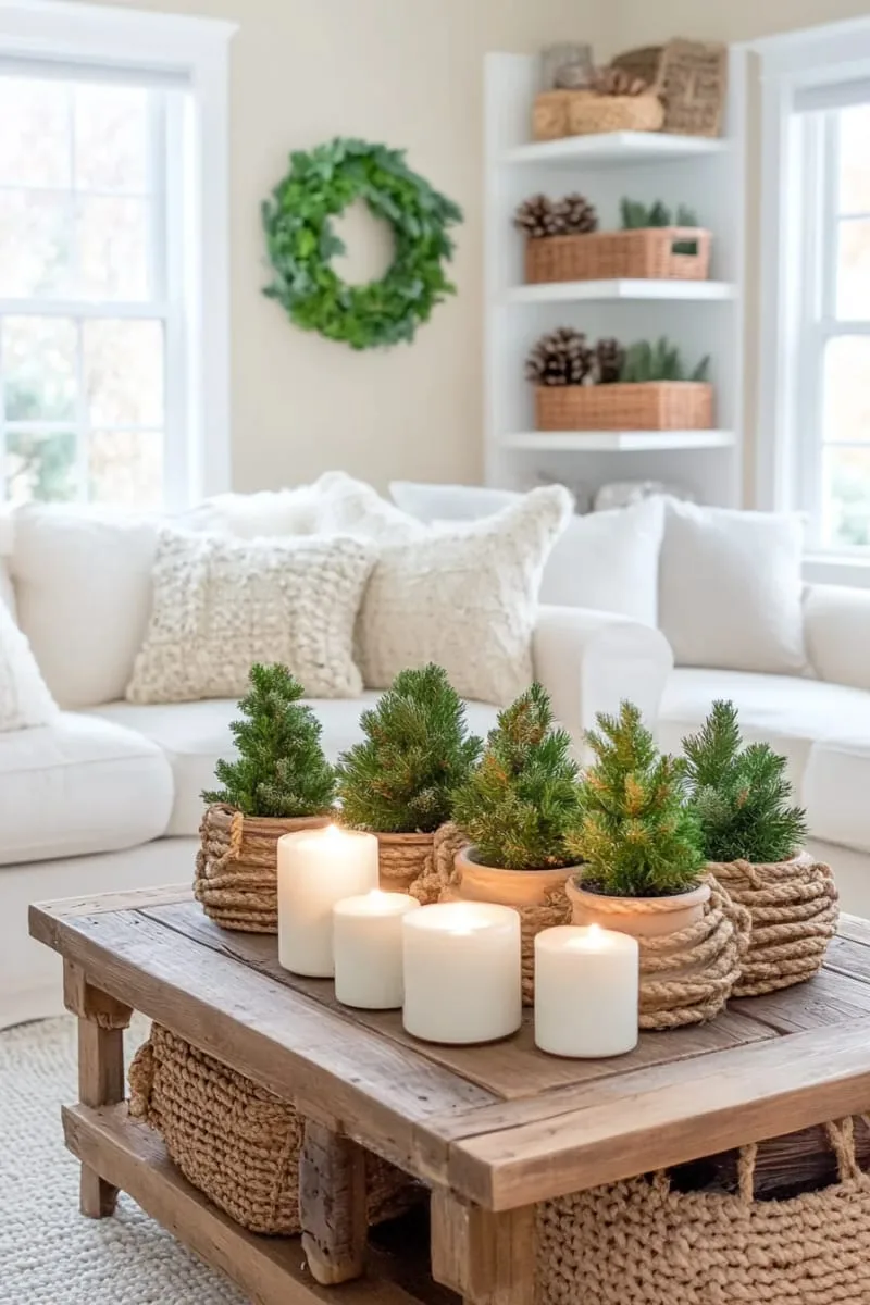 tiny potted pine trees on the coffee table surrounded by candles 1