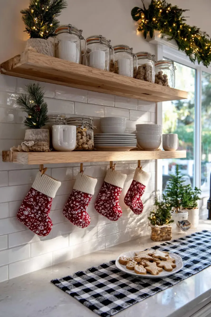 29 Creative Christmas Kitchen Decor Ideas You'll Absolutely Love 41 tiny stockings clipped along the open shelving 1