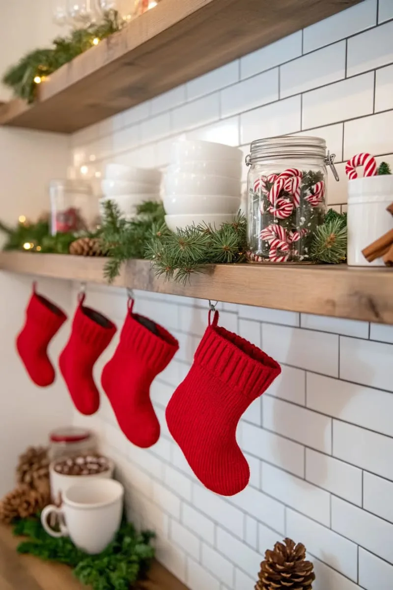 29 Creative Christmas Kitchen Decor Ideas You'll Absolutely Love 42 tiny stockings clipped along the open shelving 1