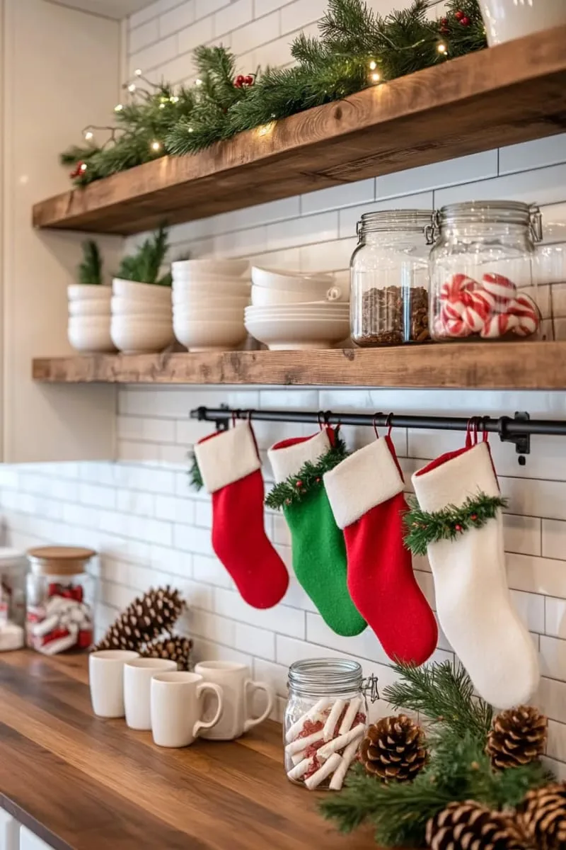 29 Creative Christmas Kitchen Decor Ideas You'll Absolutely Love 43 tiny stockings clipped along the open shelving 1