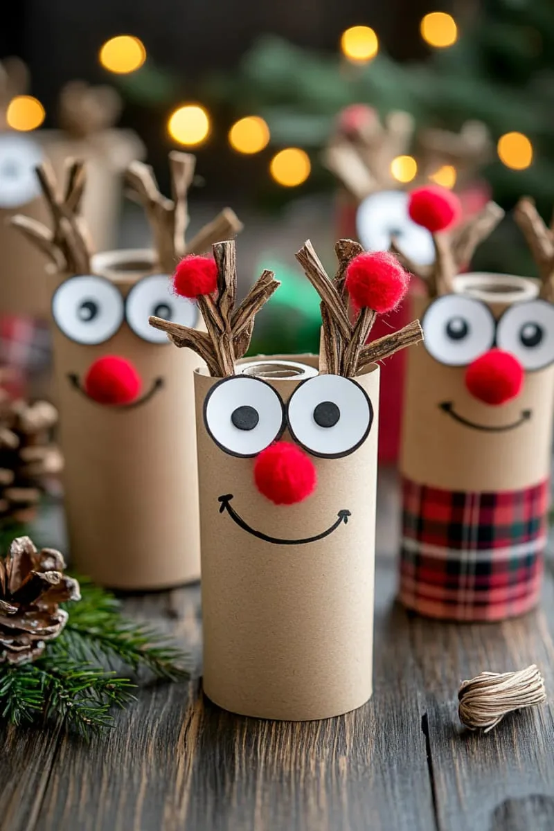 25 Upcycled Christmas Crafts DIY: Unique & Budget Friendly Decor Ideas 50 toilet paper roll reindeer with twig antlers and red pom-pom noses 1