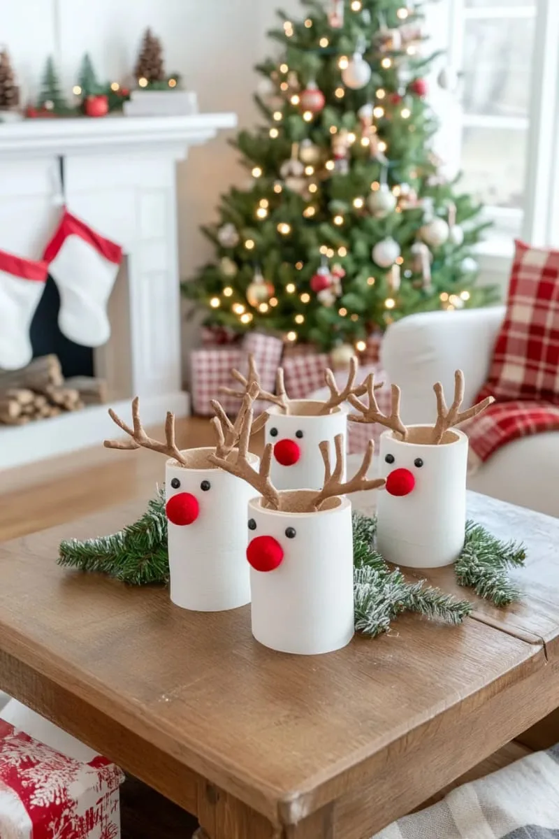 25 Upcycled Christmas Crafts DIY: Unique & Budget Friendly Decor Ideas 51 toilet paper roll reindeer with twig antlers and red pom-pom noses 1