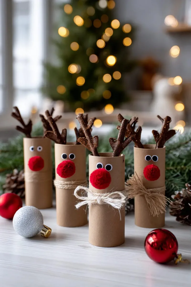 25 Upcycled Christmas Crafts DIY: Unique & Budget Friendly Decor Ideas 55 toilet paper roll reindeer with twig antlers and red pom-pom noses 1