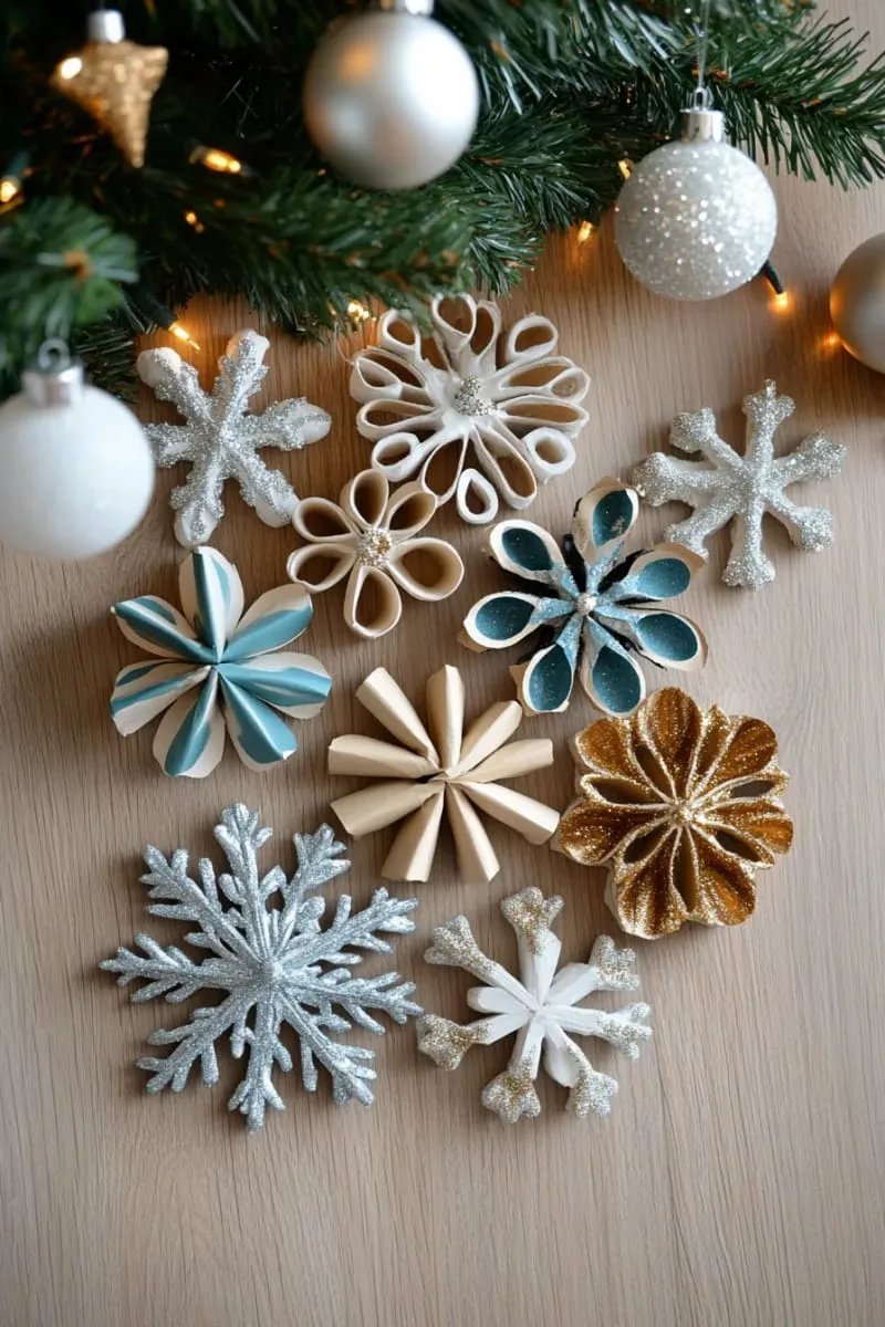 toilet paper roll snowflakes painted metallic for budget wall art 1