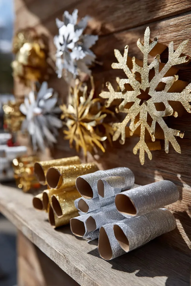 toilet paper roll snowflakes painted metallic for budget wall art 1