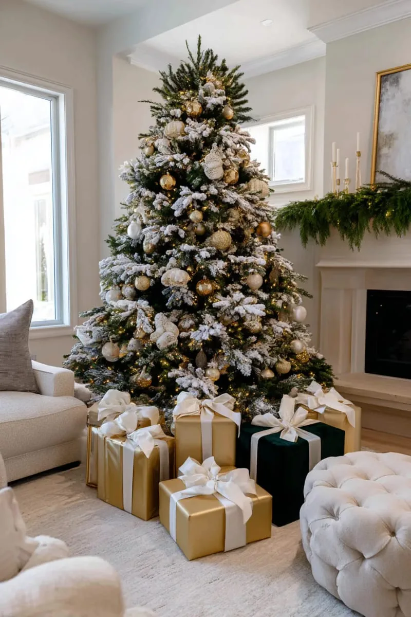 towering flocked tree surrounded by presents wrapped in metallic and velvet finishes 1 towering flocked tree surrounded by presents wrapped in metallic and velvet finishes 1