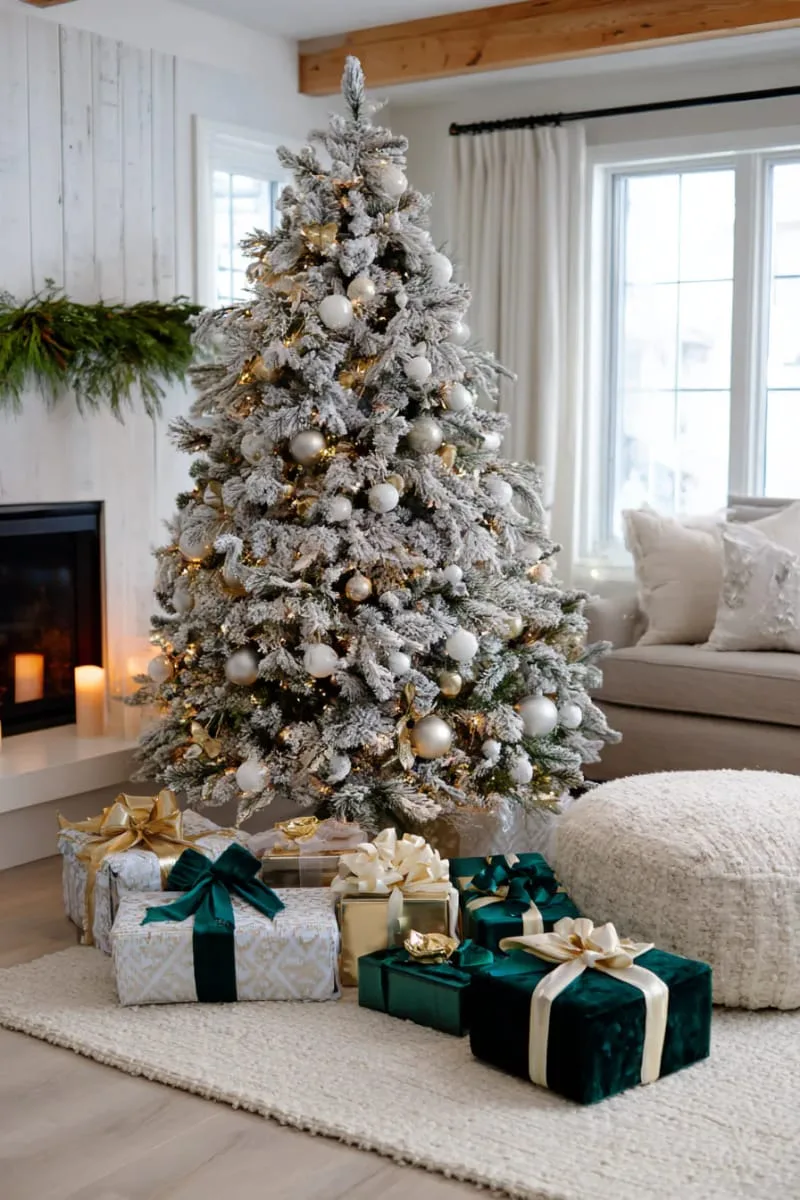 towering flocked tree surrounded by presents wrapped in metallic and velvet finishes 1 towering flocked tree surrounded by presents wrapped in metallic and velvet finishes 1